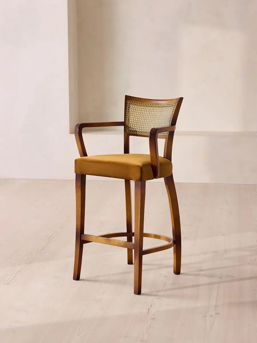 Cane Back Barstool with Arms - Mustard, Velvet by Soho Home