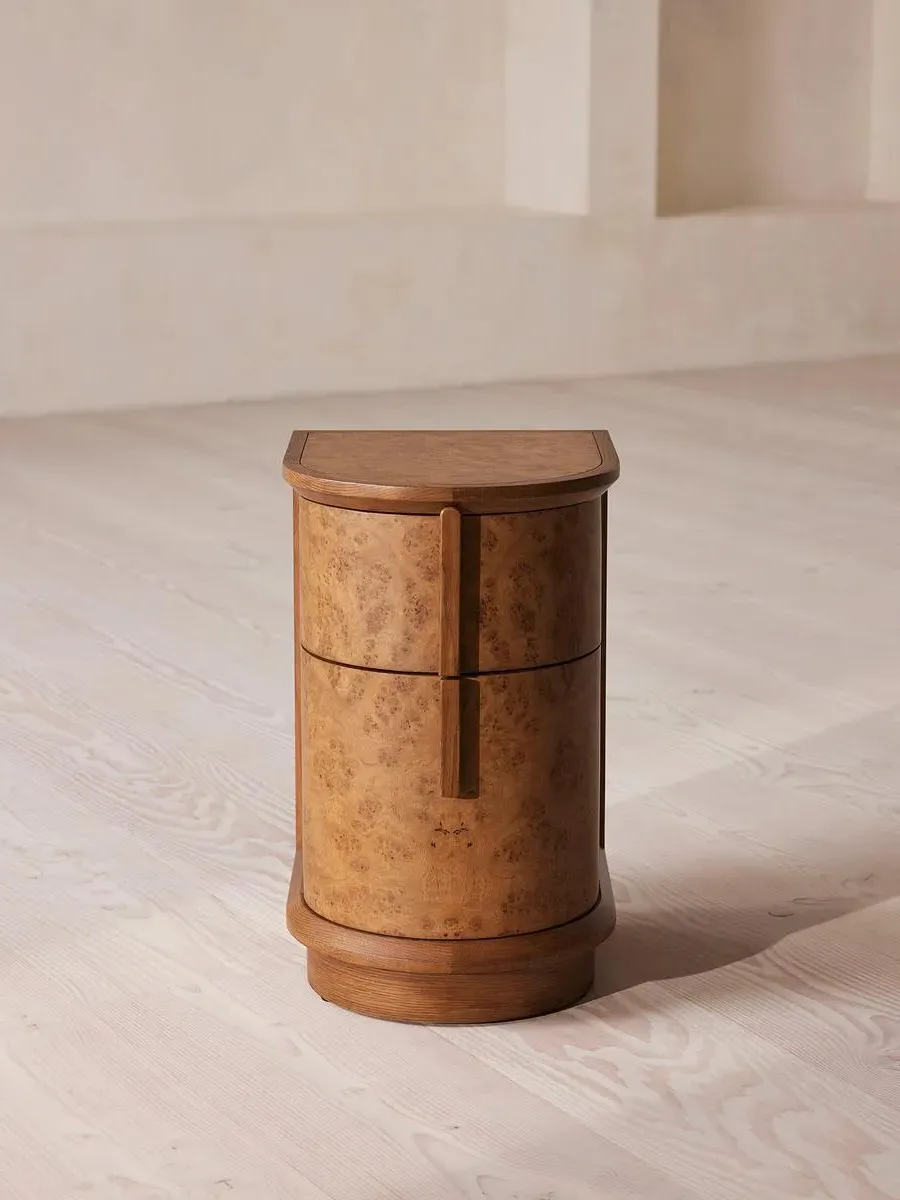 Curved Bedside Table with Drawers - Oak Burl product