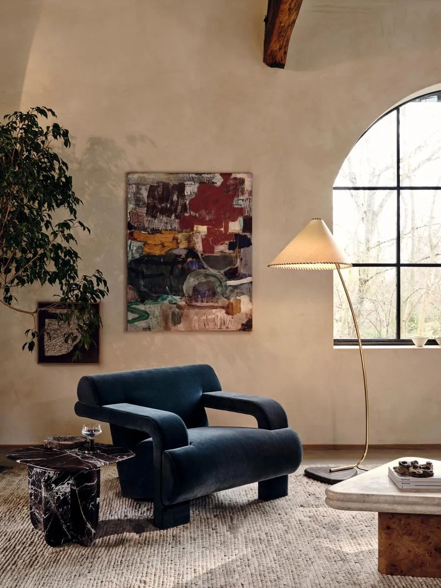 Floor Lamp with Marble Base - Brass, Leather product