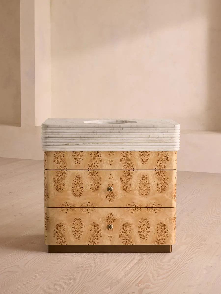 Garbo Single Vanity - Golden Dolomite Marble, Mappa Burl Veneer product