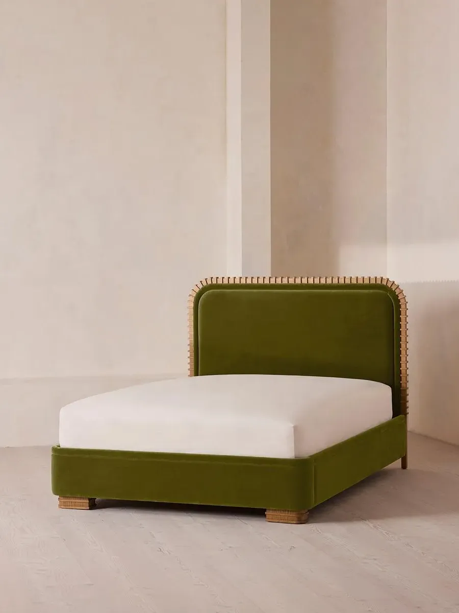 King Bed with Carved Headboard - Olive, Velvet product