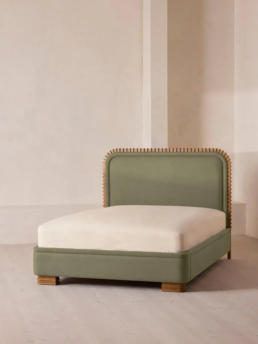 King Size Bed with Carved Headboard - Sage, Linen