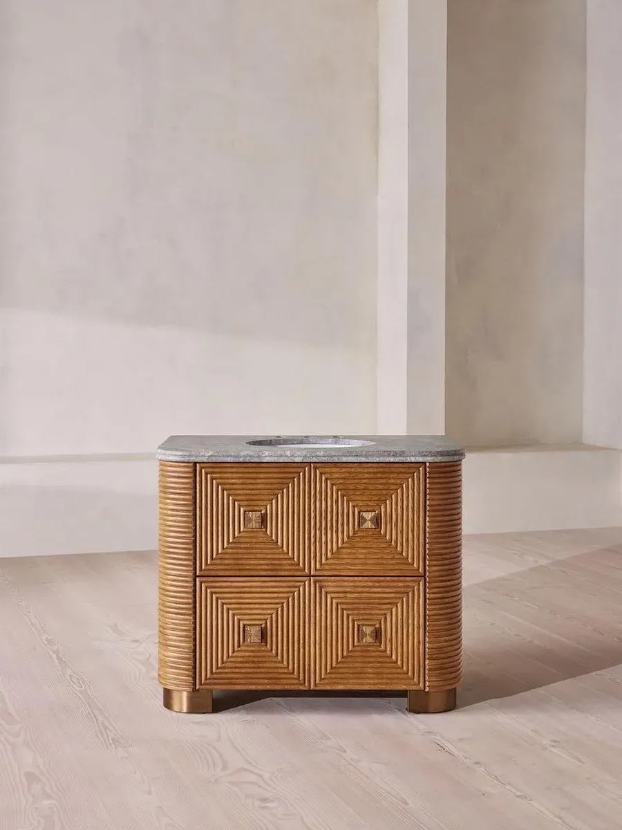 Kingsley Single Vanity Unit with Storage - Grey Emperador, Oak product