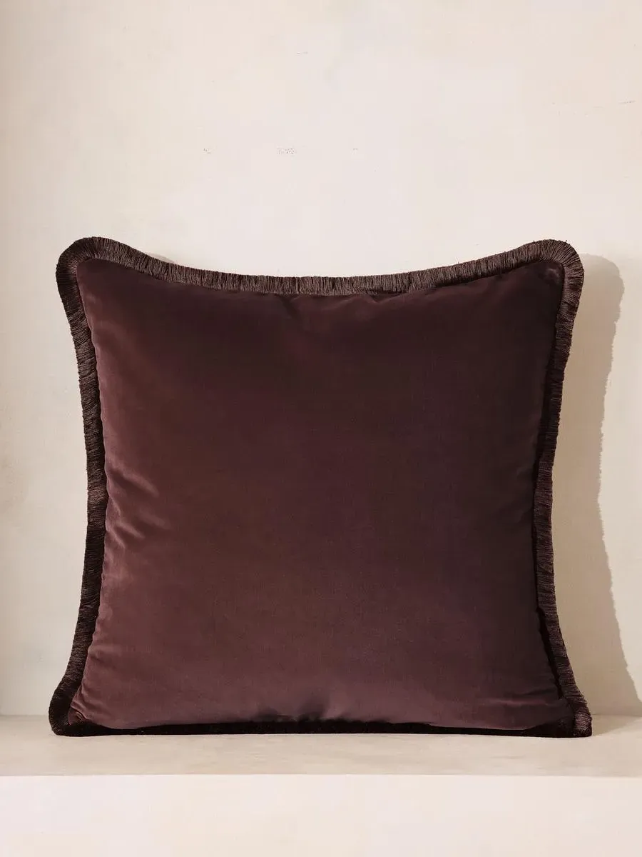 Margeaux Large Square Cushion with Eyelash Fringing - Aubergine, Cotton Velvet by Soho Home