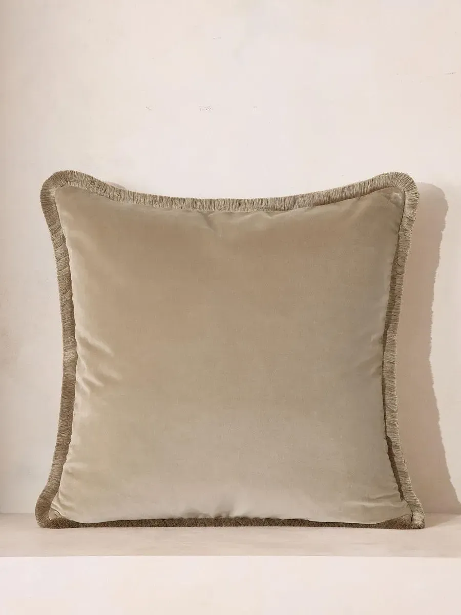 Margeaux Large Square Cushion with Eyelash Fringing - Oyster, Cotton Velvet by Soho Home