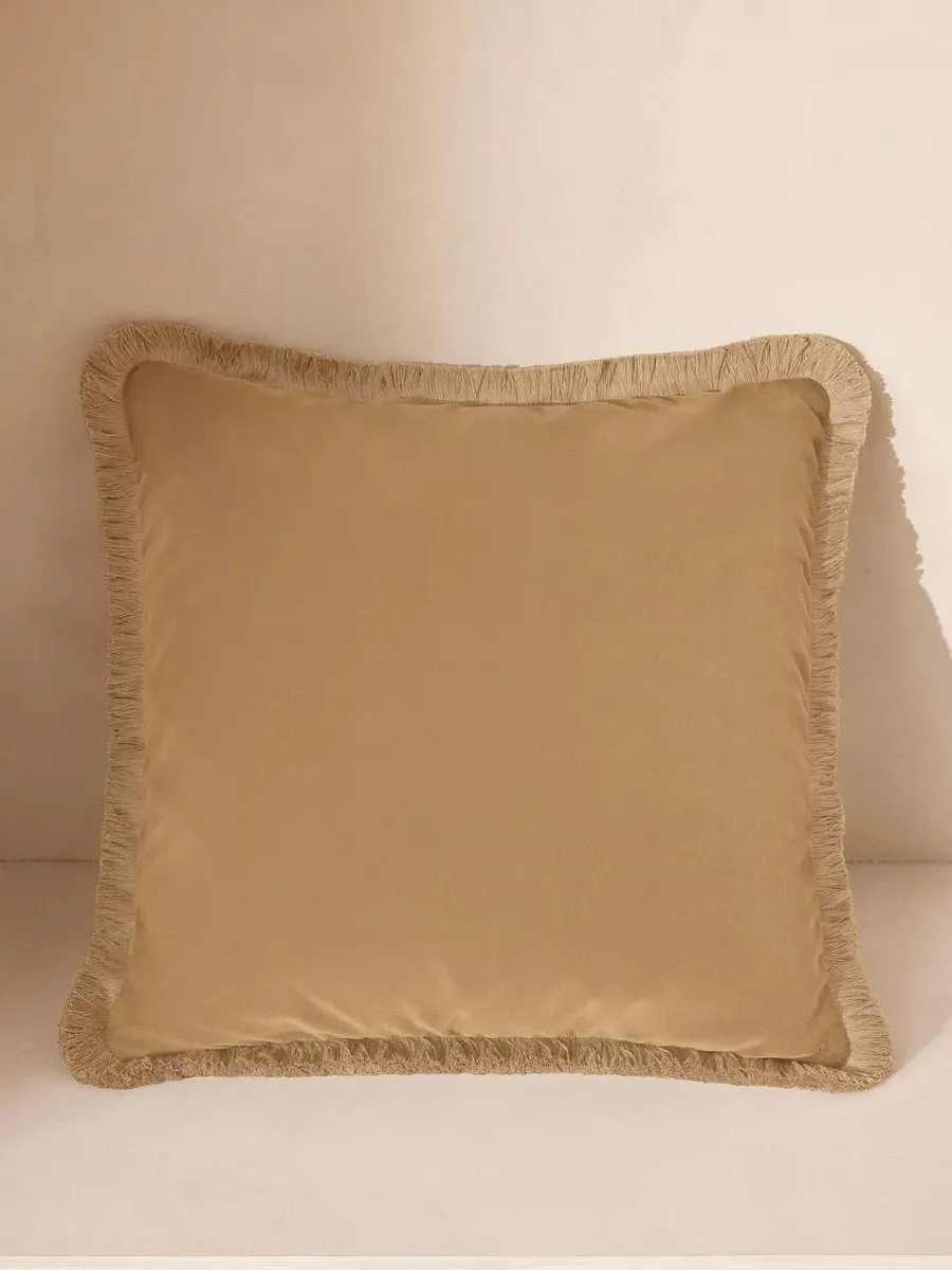Margeaux Square Cushion with Eyelash Fringing - Camel, Cotton Velvet by Soho Home