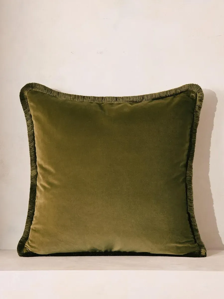 Margeaux Square Cushion with Eyelash Fringing - Olive, Cotton Velvet product