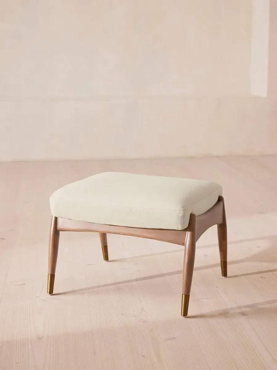 Oak Footstool with Brass Details - Bisque, Linen by Soho Home