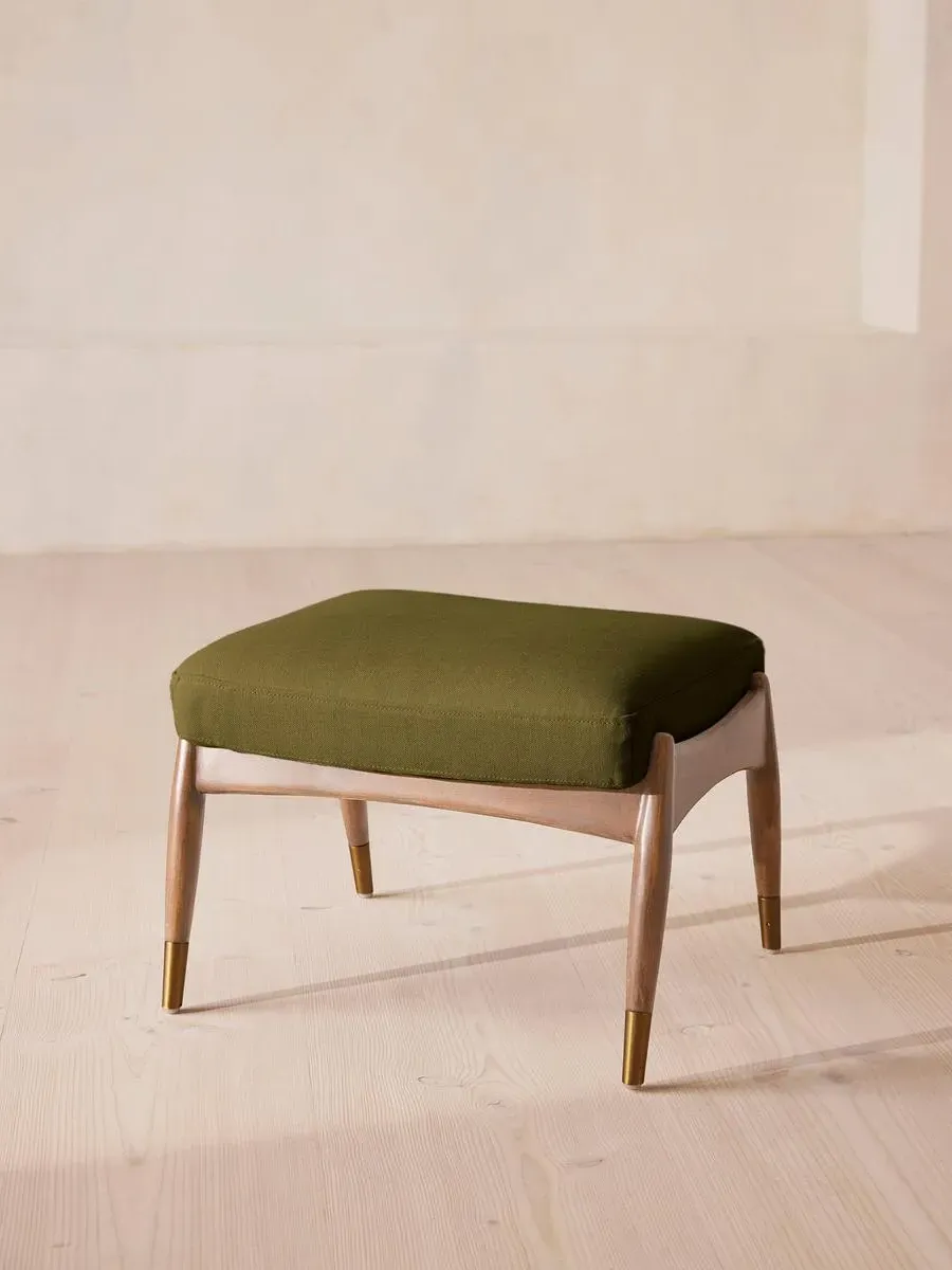 Oak Footstool with Brass Details - Olive, Linen by Soho Home