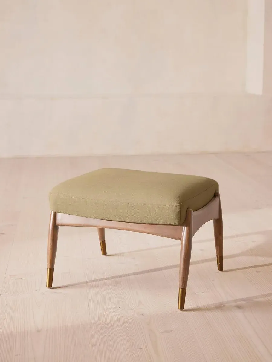 Oak Footstool with Brass Details - Wheat, Linen by Soho Home