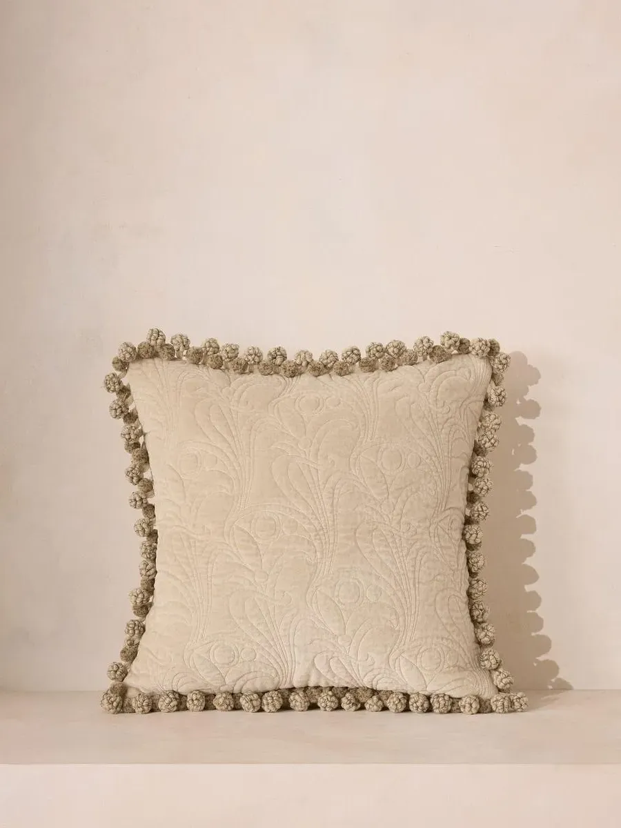 Obie Quilted Cushion with Pompom Trim - Cotton Velvet product