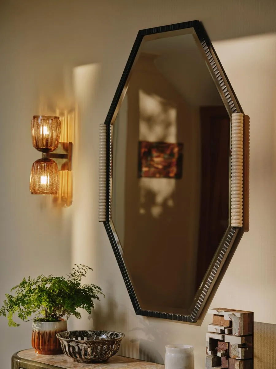 Welton Octagonal Wall Mirror - Blackened Brass, Travertine product