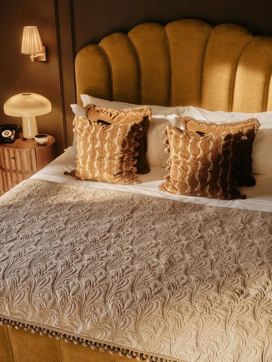 Obie Quilted Bedspread with Pompom Trim - Cream, Velvet by Soho Home