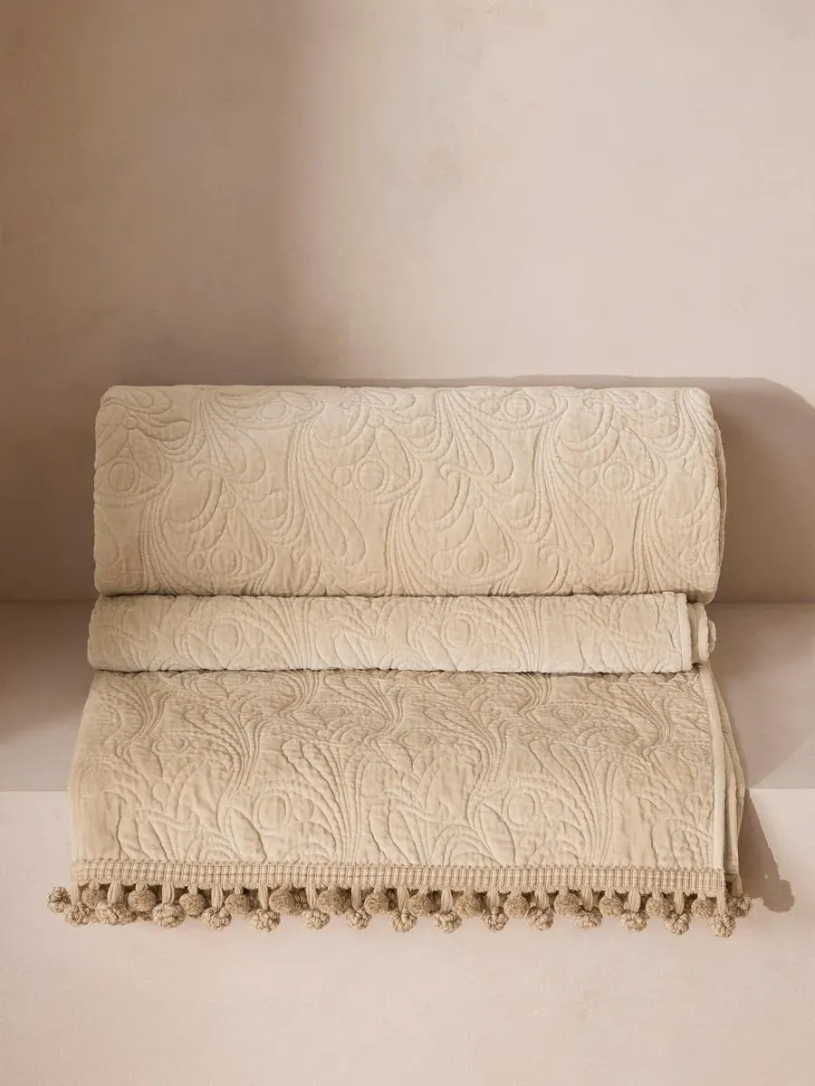 Obie Quilted Bedspread with Pompom Trim - Cream, Velvet product
