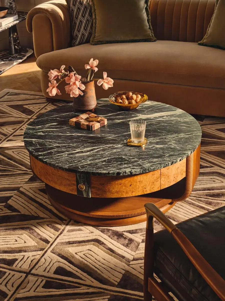 Basil Round Coffee Table - Green Marble, Oak Burl product