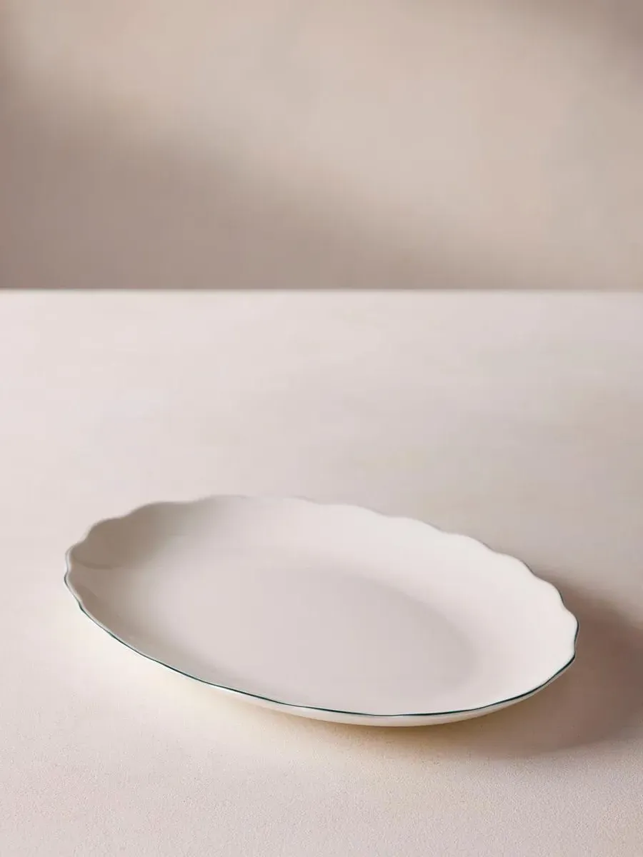 Scalloped Oval Dish Large - Green, Fine Bone China product