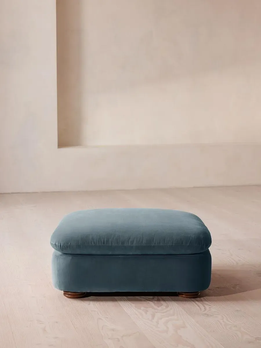 Square Ottoman with Curved Edges - Blue, Velvet