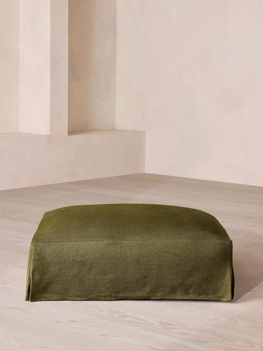 Square Ottoman with Slip Cover - Olive, Linen by Soho Home