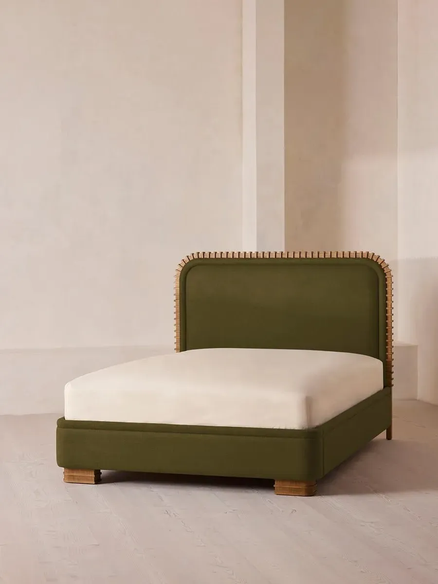Super King Bed with Carved Headboard - Olive, Linen