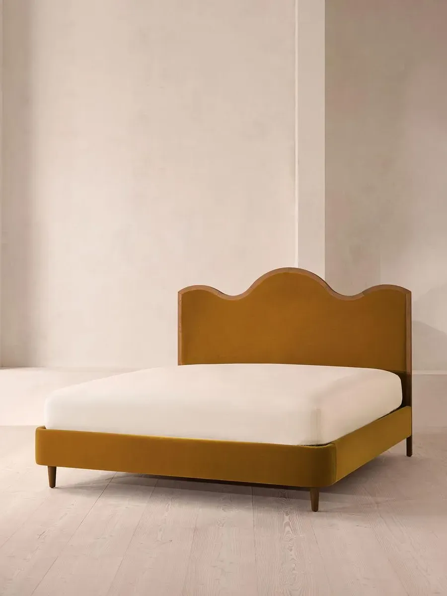 Aubrey Super King Bed with Waved Headboard - Mustard, Velvet