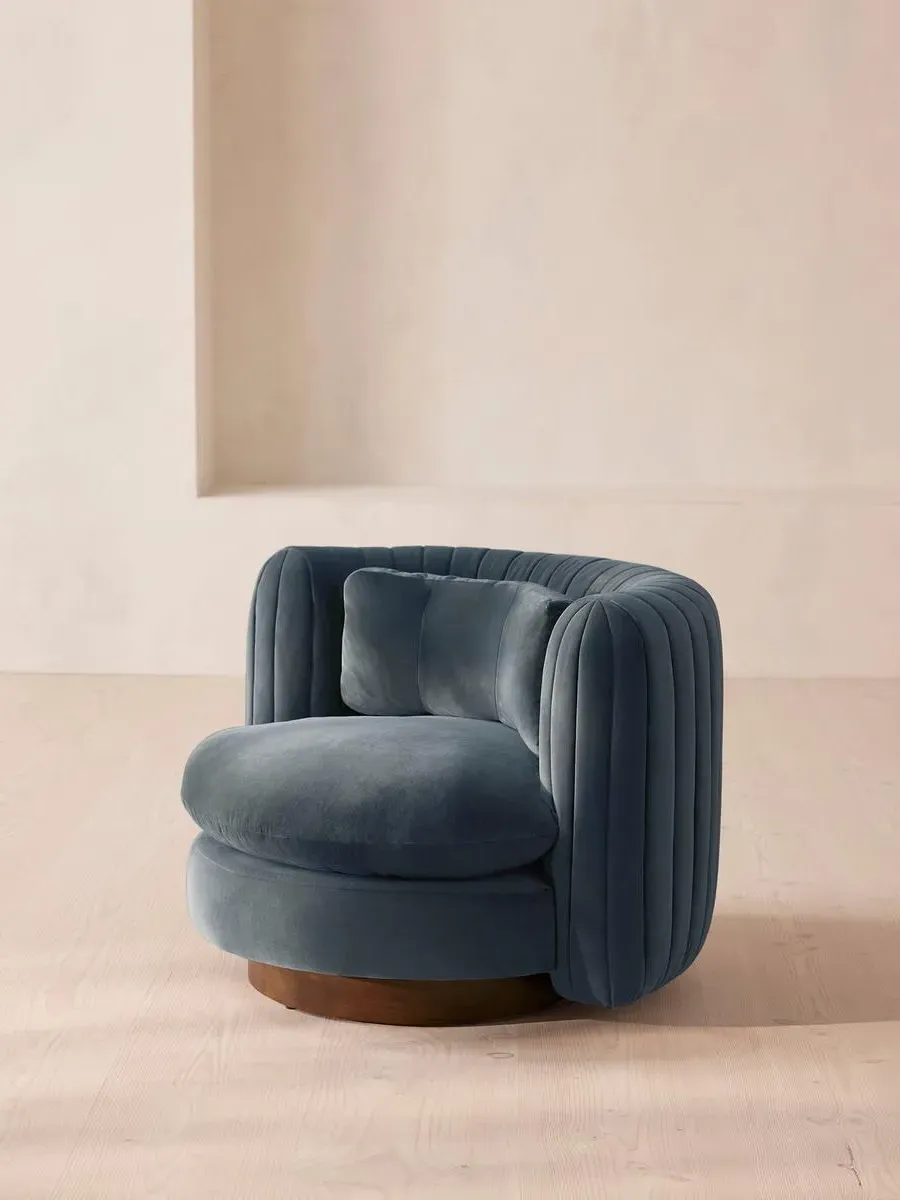 Swivel Armchair with Pleated Back - Blue, Velvet product