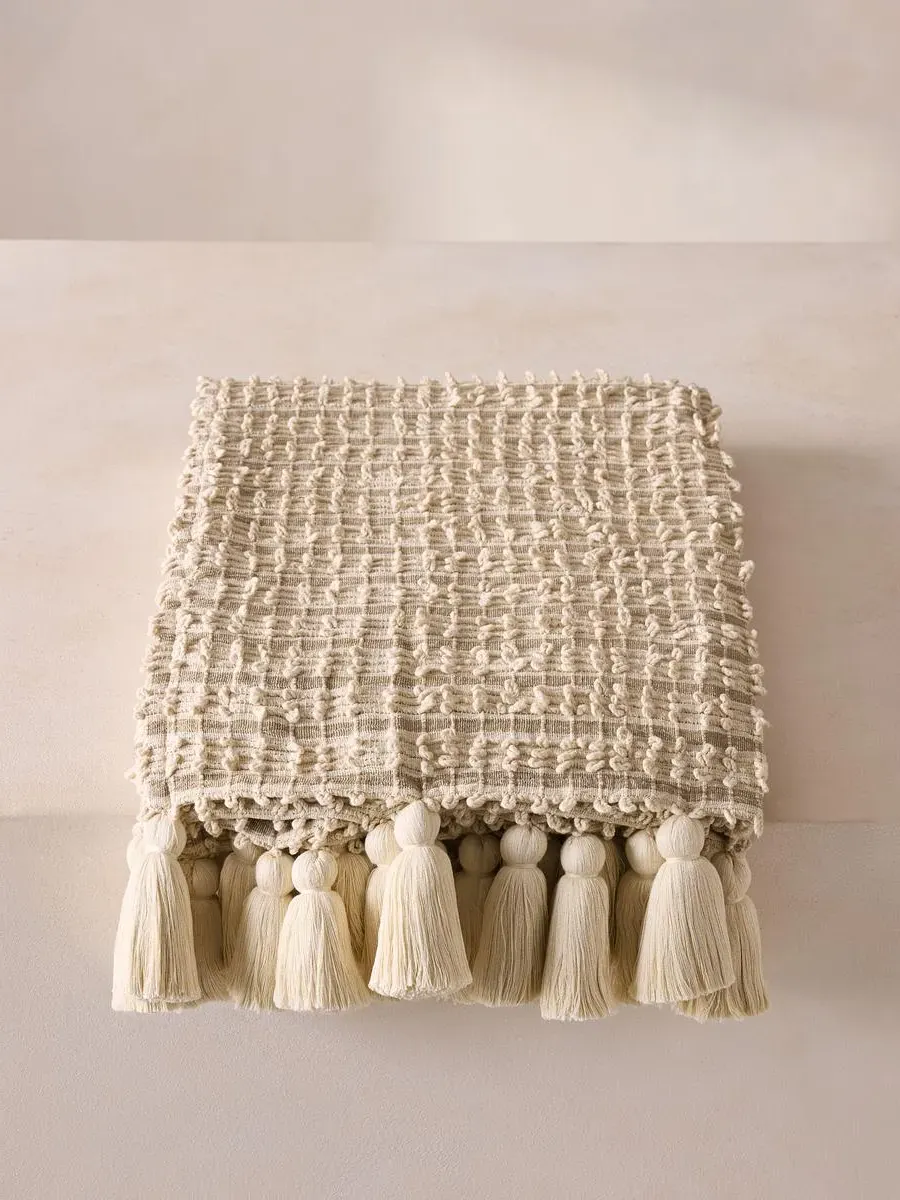 Throw Blanket with Tassels - Cream, Cotton product