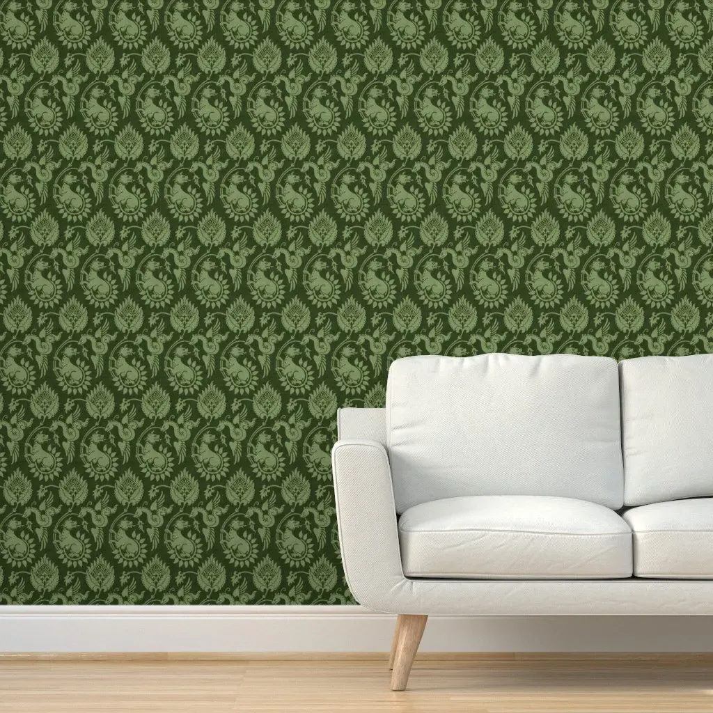 14th-Century Damask Winged Serpents Peel and Stick Wallpaper - Forest Green product