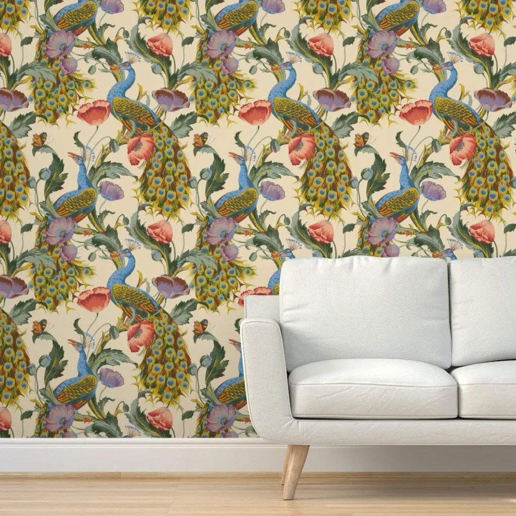 1890 Vintage Victorian Peacocks And Poppies Peel and Stick Wallpaper - Teal product