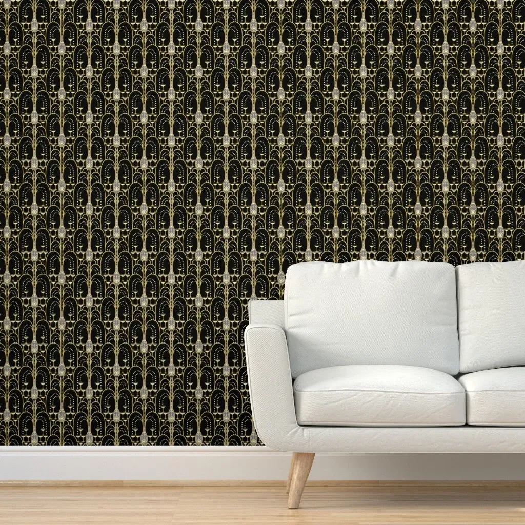1920s Art Deco Champagne Fountain Peel and Stick Wallpaper - Black, Faux Gold Foil product