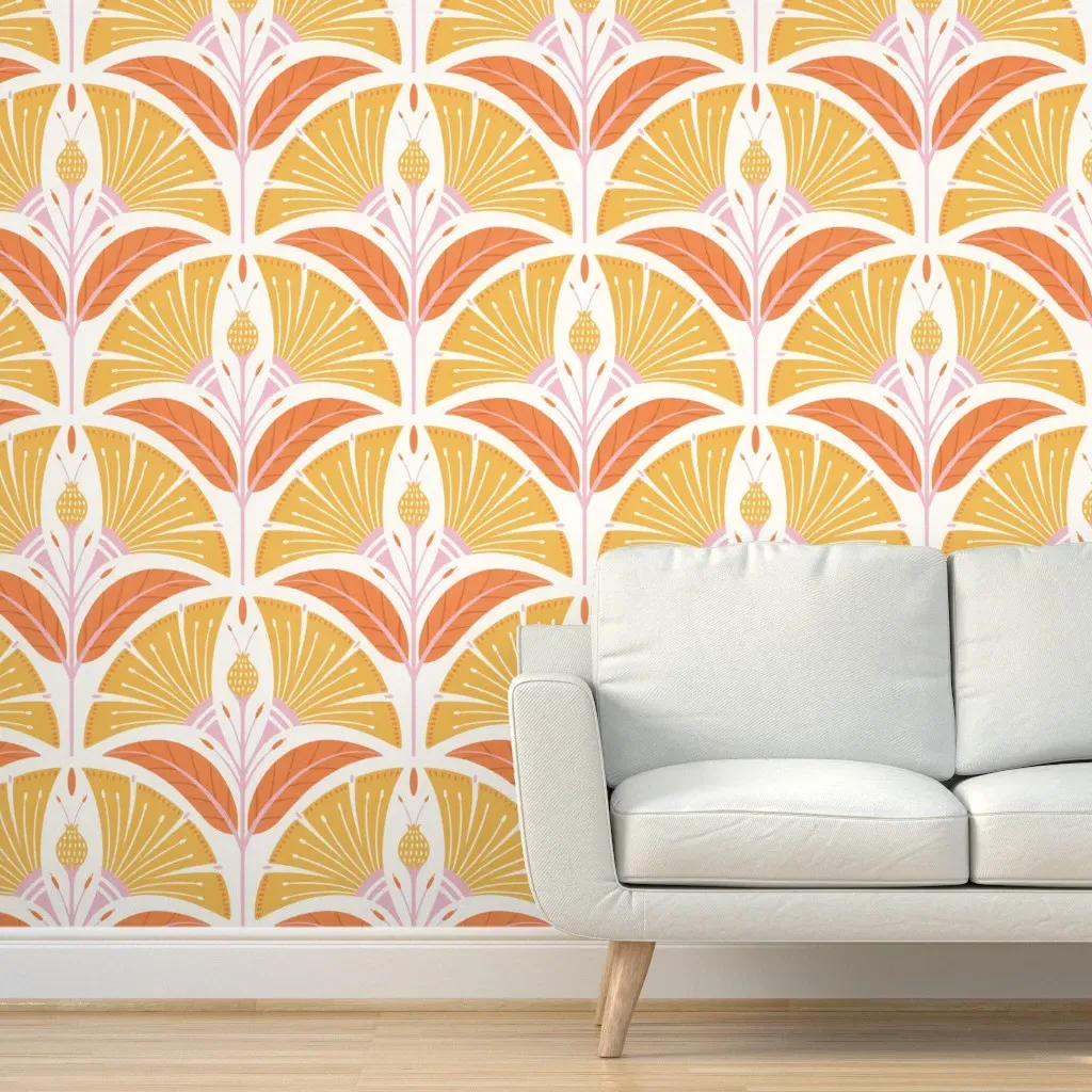 1920S Art Deco Floral Geometric Peel and Stick Wallpaper - Orange product