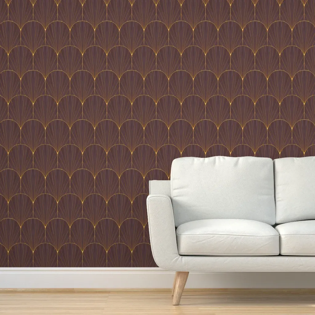 1920s Art Deco Metallic Shell Scallop Peel and Stick Wallpaper - Bordeaux Gold product