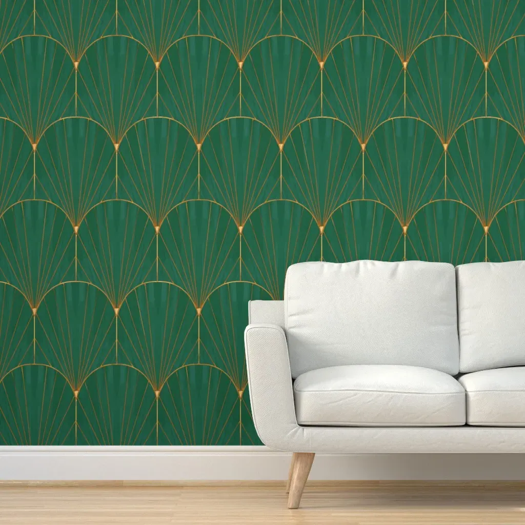 1920s Art Deco Metallic Shell Scallop Peel and Stick Wallpaper - Emerald & Gold product