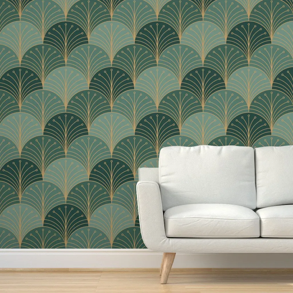 1920s Art Deco Palm Frond Scale Peel and Stick Wallpaper - Teal product