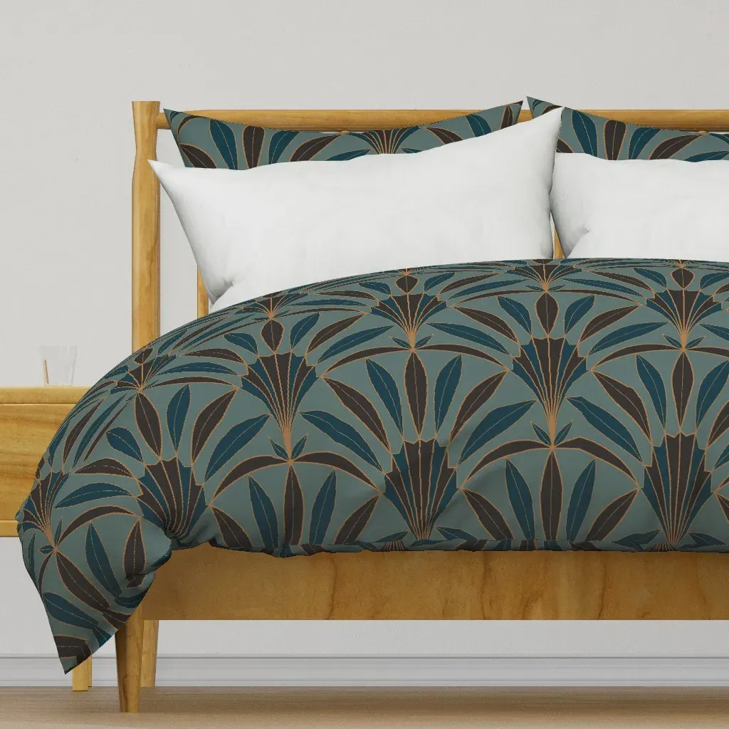 1920S Art Deco Palm Leaves Duvet Cover - Teal product