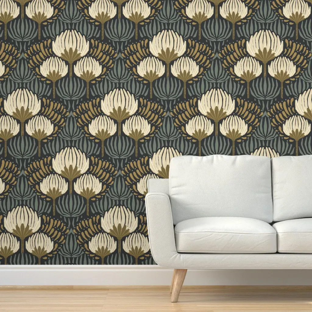 1920s Deco Floral Jumbo Peel and Stick Wallpaper - Black, Cream, Gold, Green product