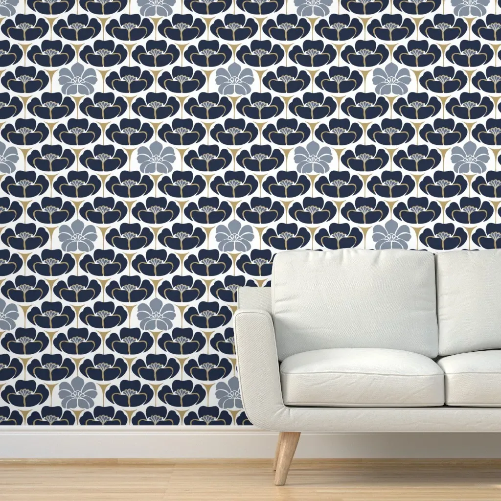 1920S Floral Peel and Stick Wallpaper - Indigo, White product