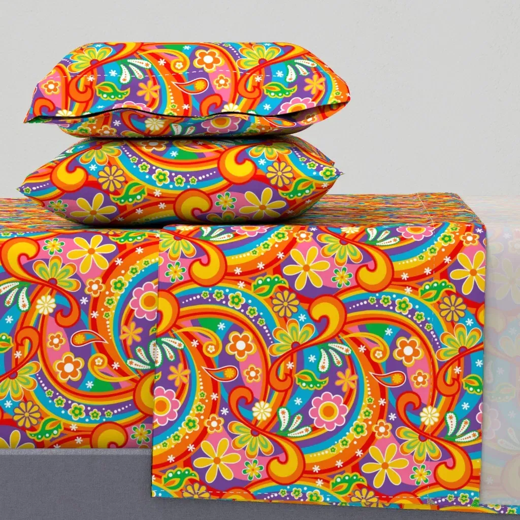 1960 Psychedelic Flower Power King Sheet Set - Orange product