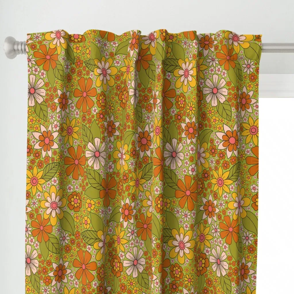 1960s 1970s Retro Floral Curtain Panel - Yellow-Orange alternate view