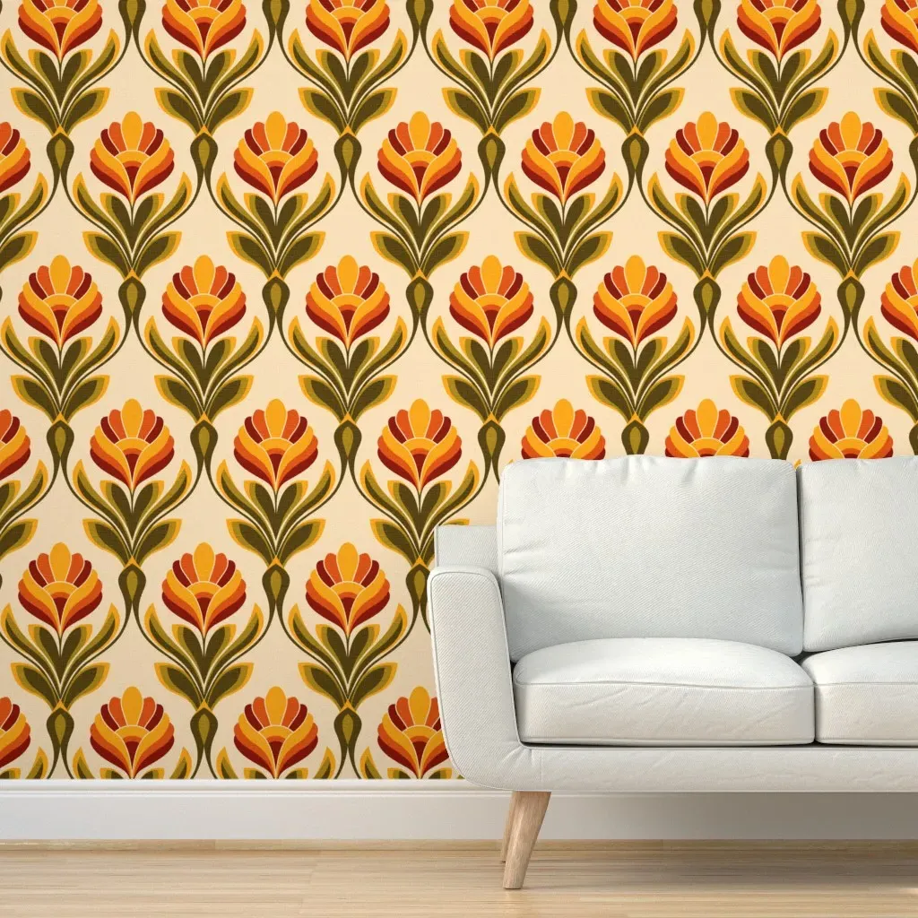 1970s Large Scale Floral Peel and Stick Wallpaper - Orange product