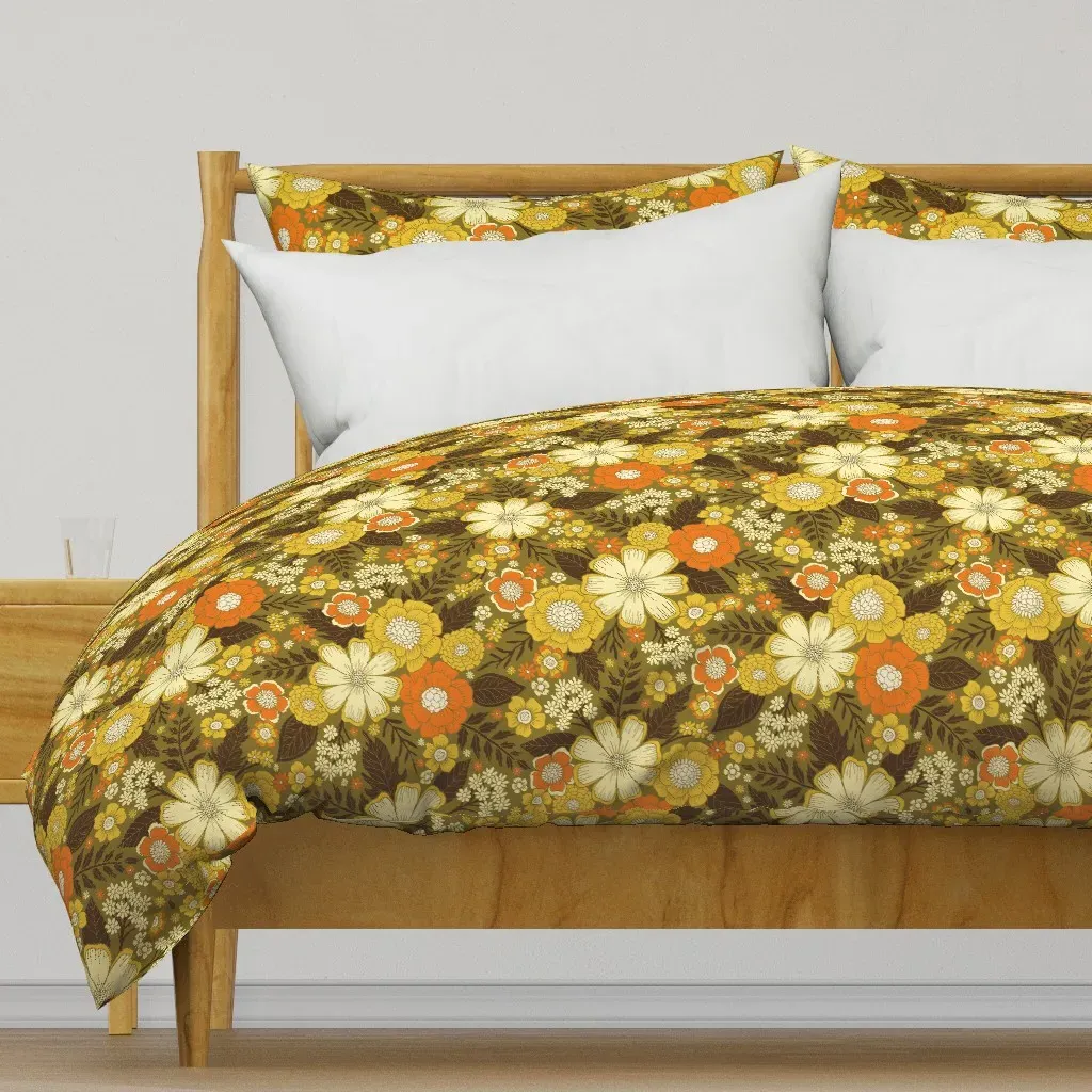 1970s Retro Floral Duvet Cover - Mustard Yellow product