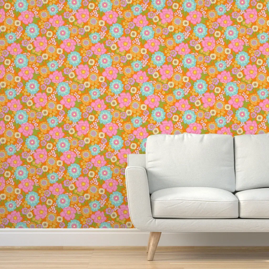 1970s Retro Floral Garden Peel and Stick Wallpaper - Pink product