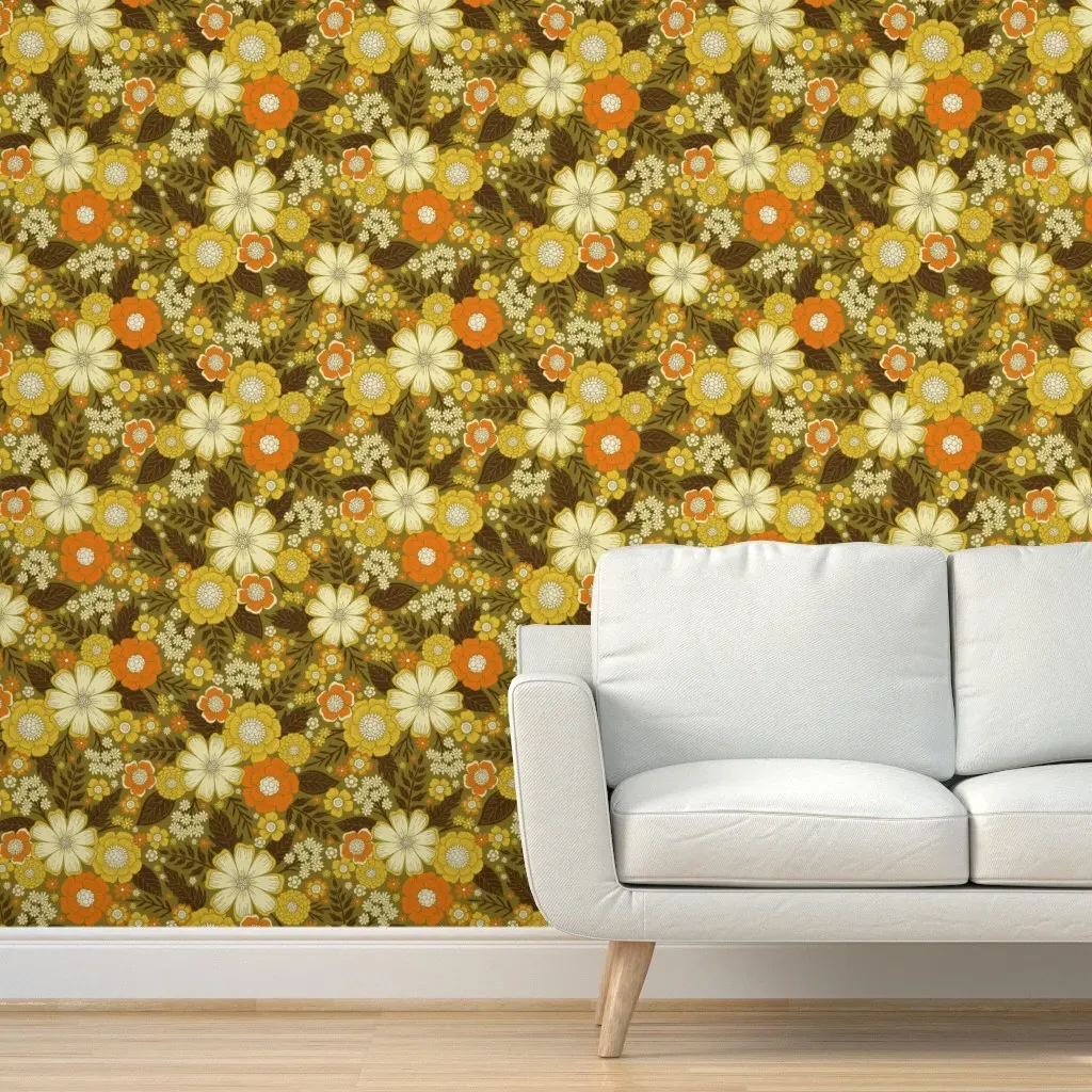 1970s Retro Floral Peel and Stick Wallpaper - Yellow, Green product