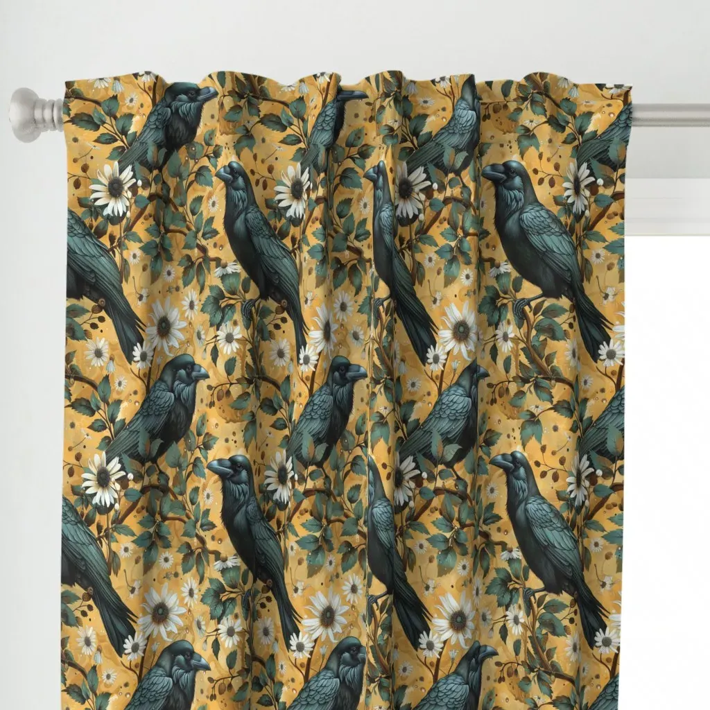 6 Crows On Yellow Curtain Panel - Black alternate view
