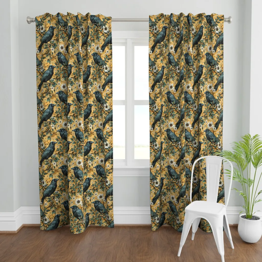 6 Crows On Yellow Curtain Panel - Black product