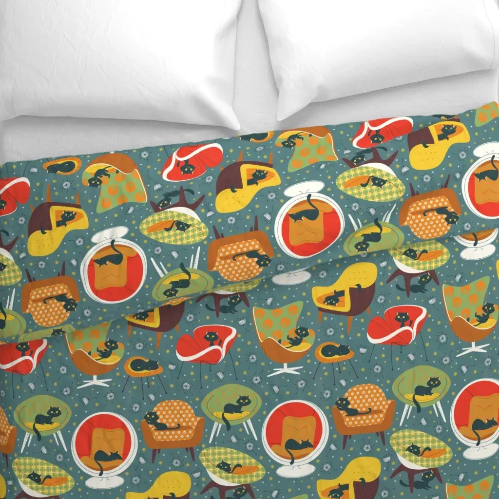 60s Cats And Chairs Large Duvet Cover - Teal alternate view