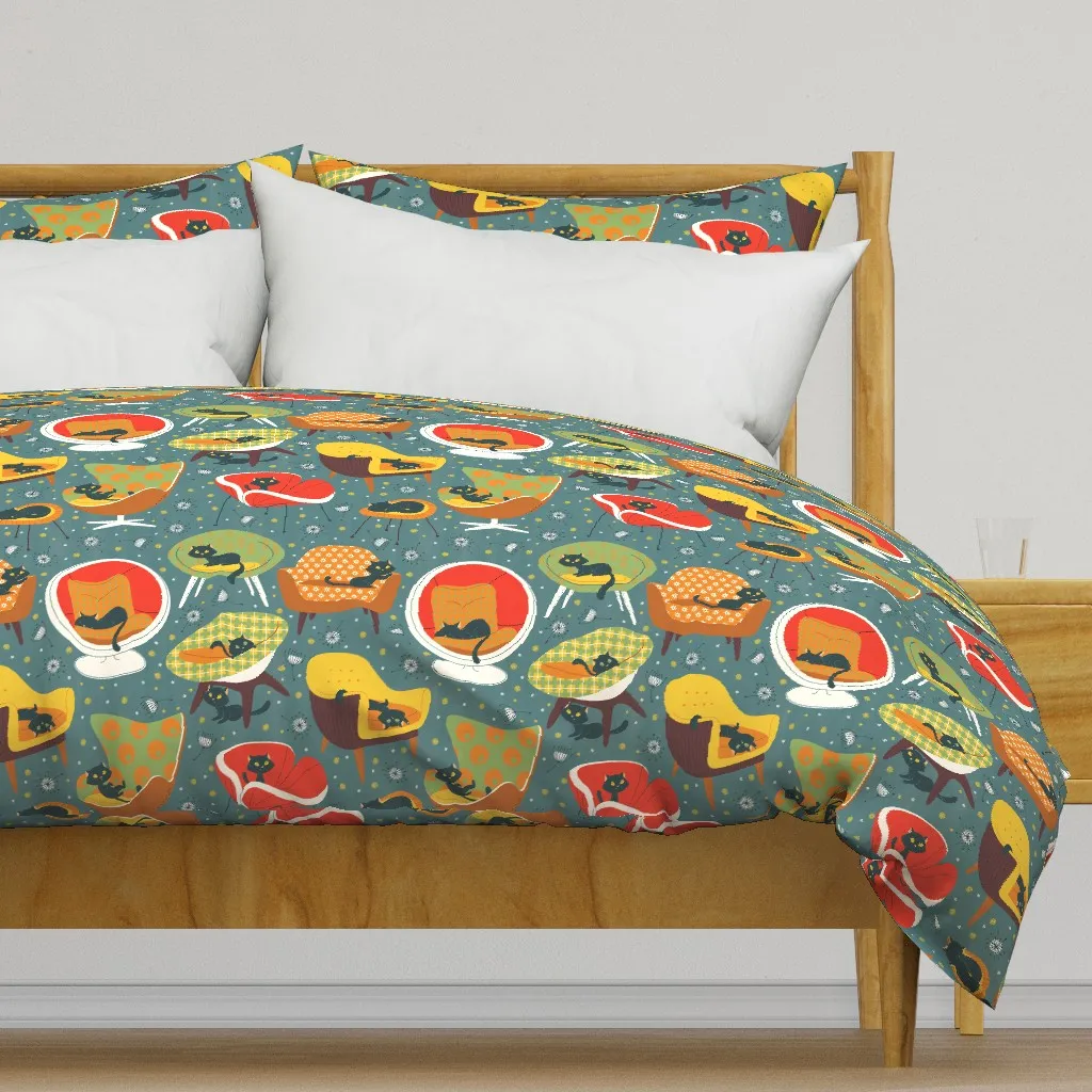 60s Cats And Chairs Large Duvet Cover - Teal product