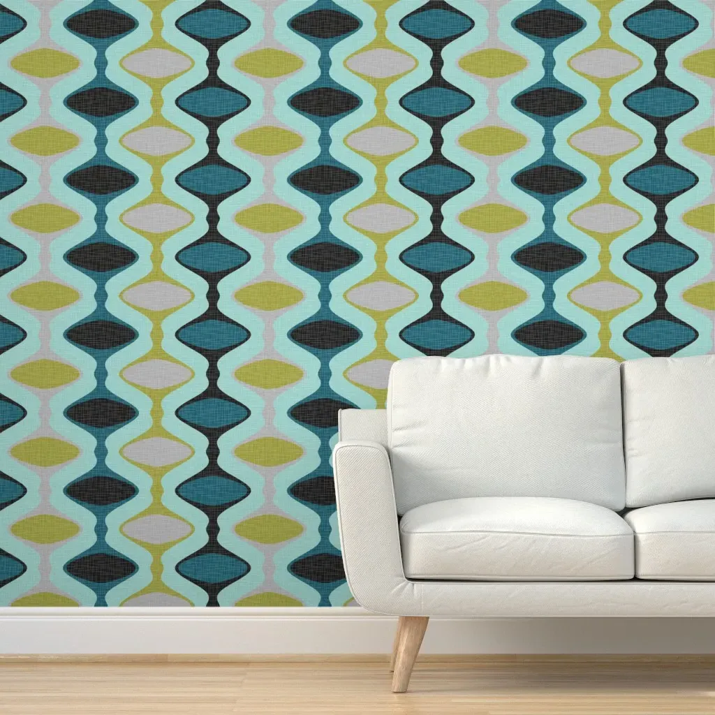 60S Ogee Stripe Peel and Stick Wallpaper - Teal, Olive, Aqua product