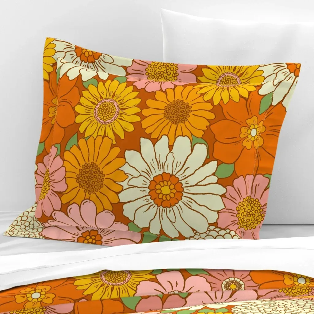 70s Boho Floral Standard Flanged Pillow Sham - Orange, Cotton Sateen product