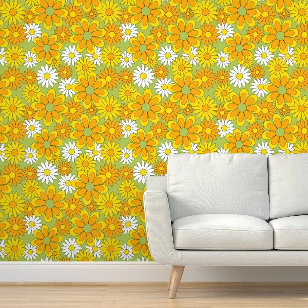 70s Flower Power Daisy Peel and Stick Wallpaper - Yellow, Orange product