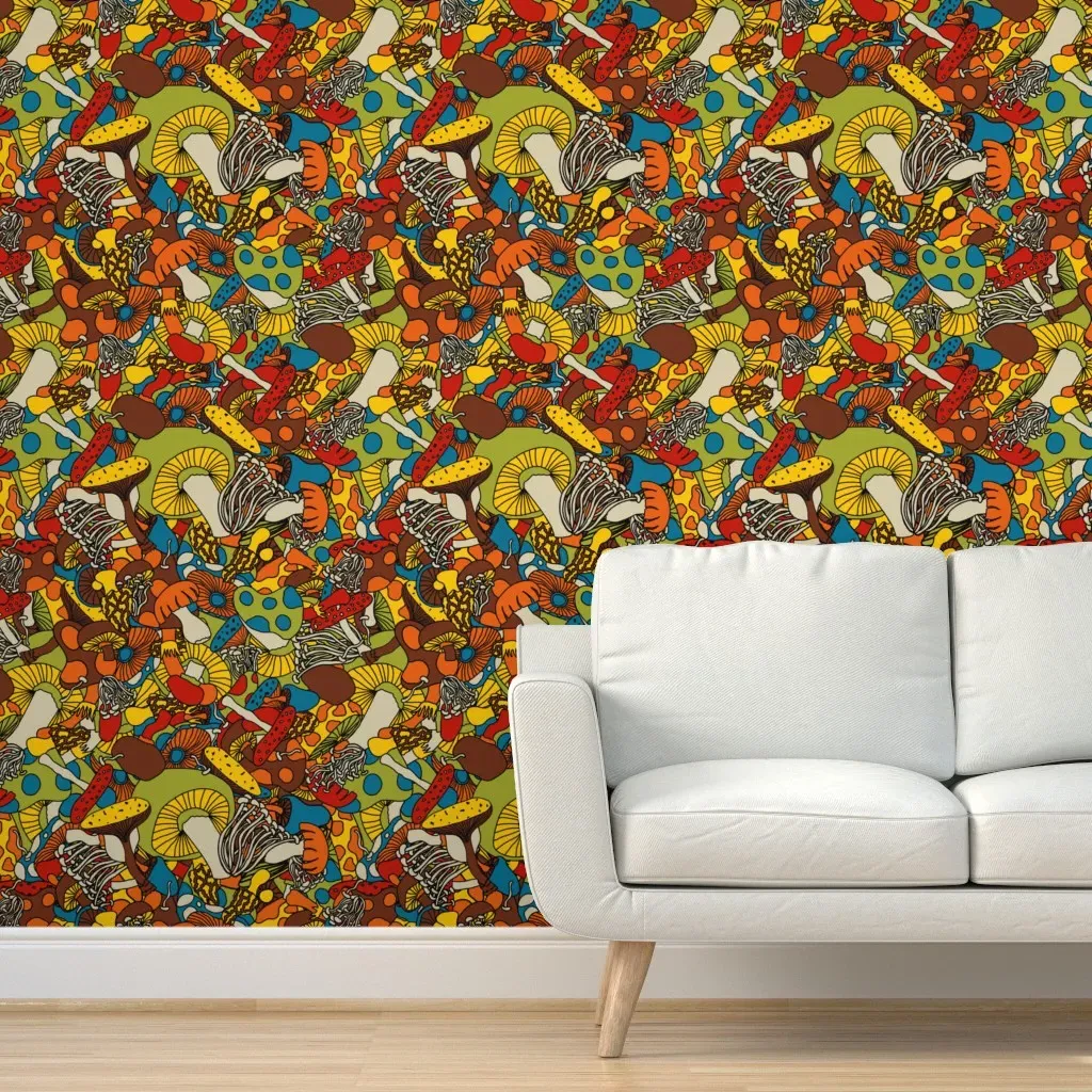 70s Psychedelic Mushrooms Peel and Stick Wallpaper - Yellow product